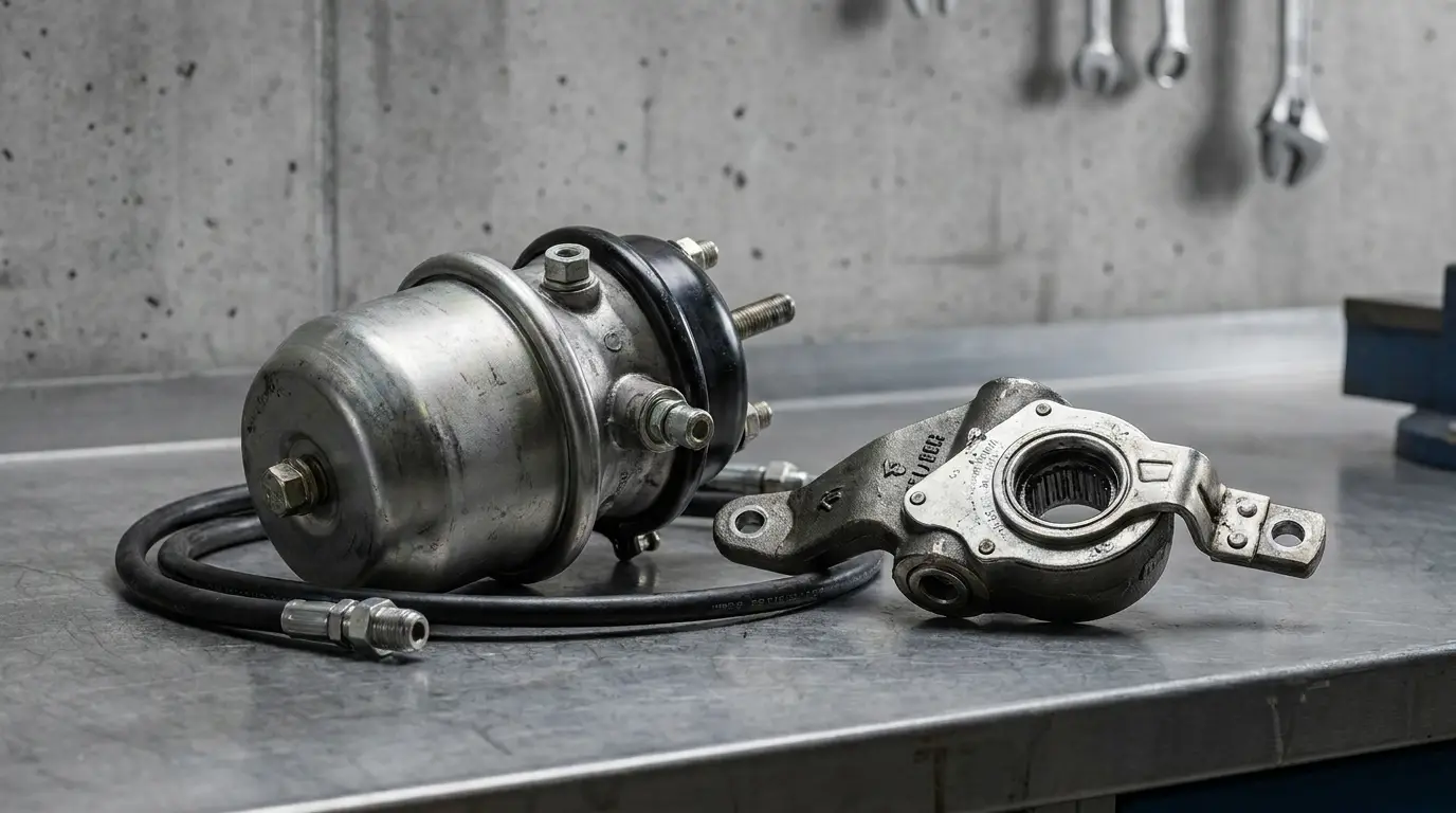 Close-up of heavy-duty truck air brake components